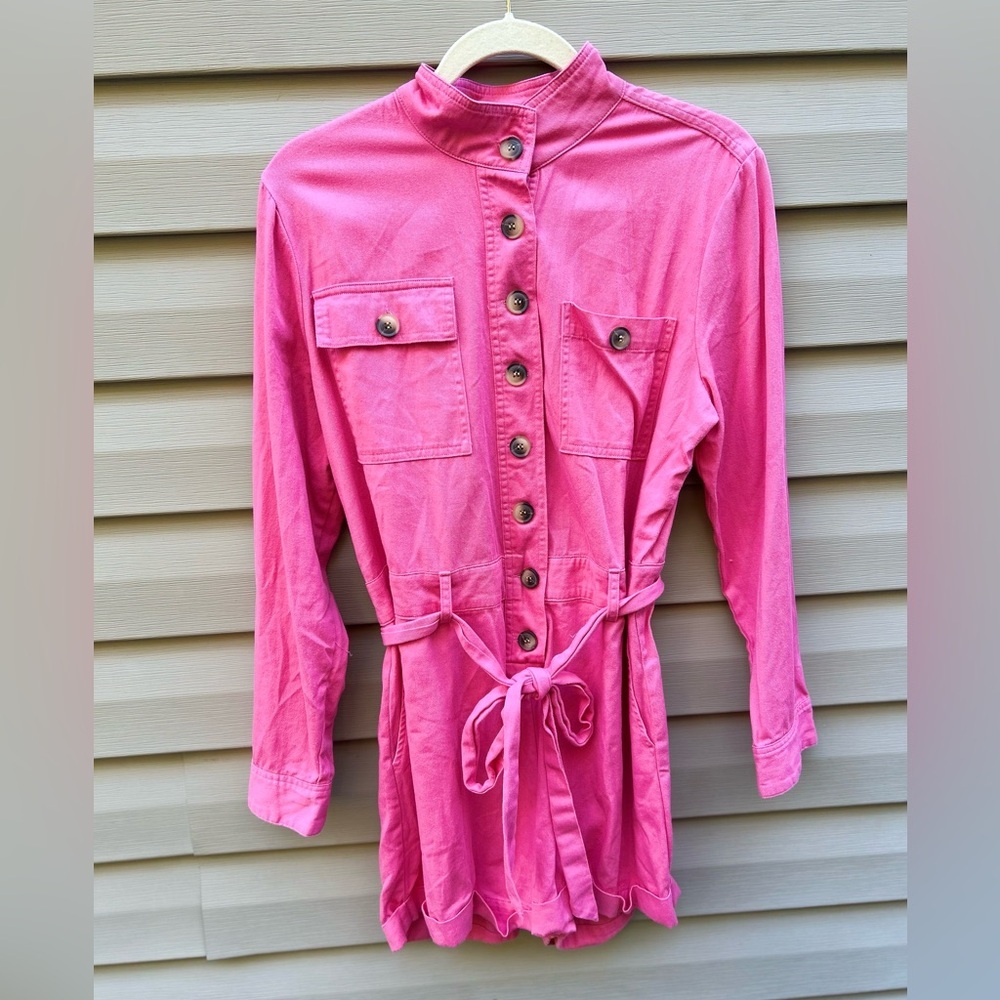 Express X Rocky Barnes M Pink Safari Button Up Girlhoodcore Romper Jumpsuit - Picture 4 of 12